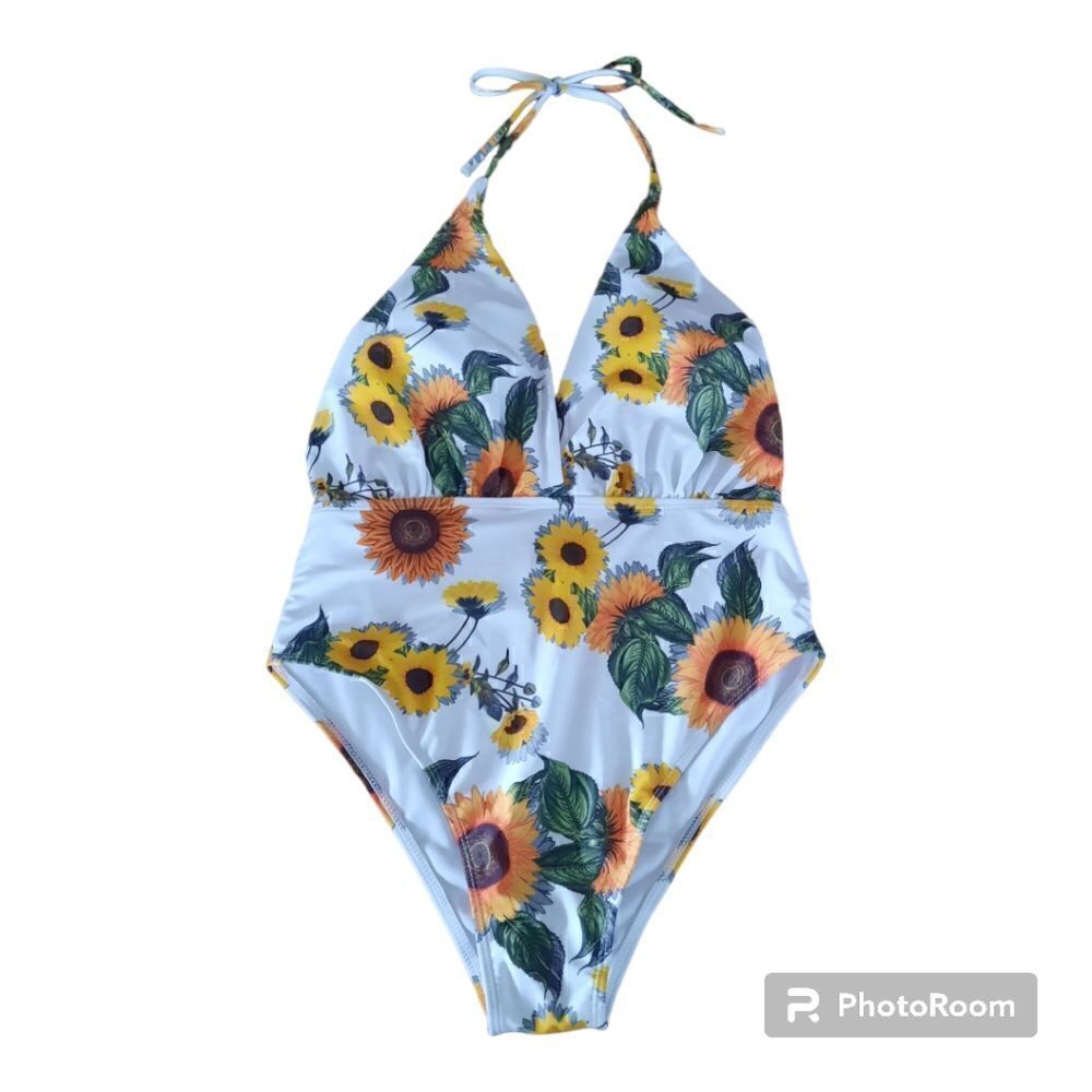 Sunflower Print One Piece Halter Backless Swimsuit